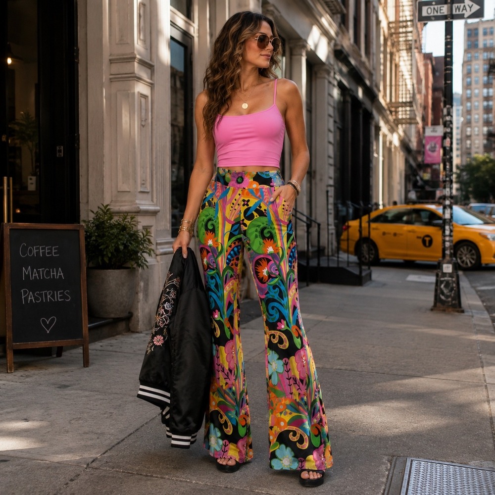 Lesley Evers 2X Floral Flare Pants Psychedelic Boho Stretch Cotton Made USA